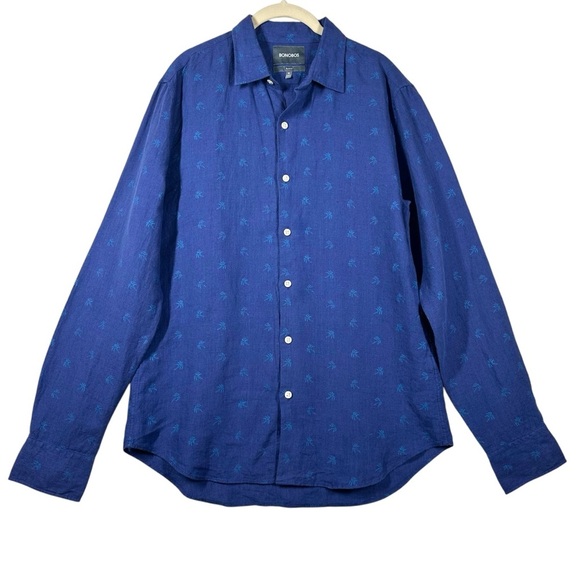Bonobos Linen Shirt Men's Medium M Blue Button Down Long Sleeve‎ Palm Trees - Picture 1 of 8